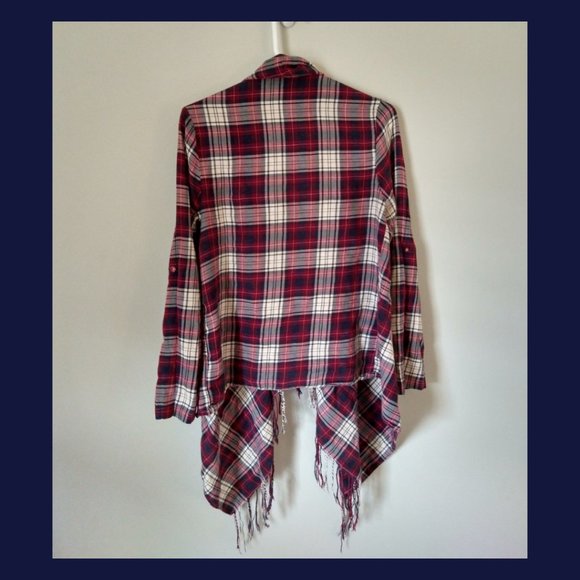 Plaid Open Front Fringe Cardigan- Sz Small - Picture 2 of 3